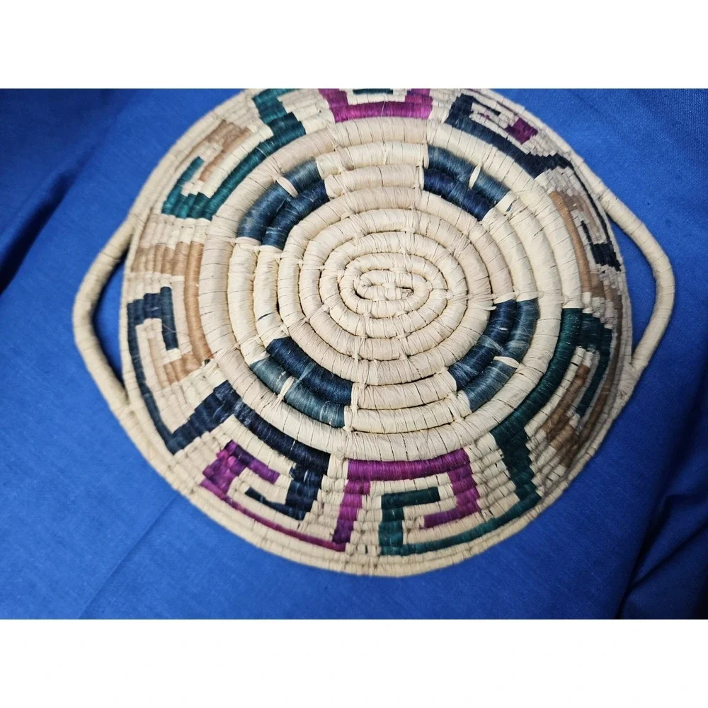 Southwestern Handwoven Coil Boho Basket Bowl Geometric Colorful Handles 13